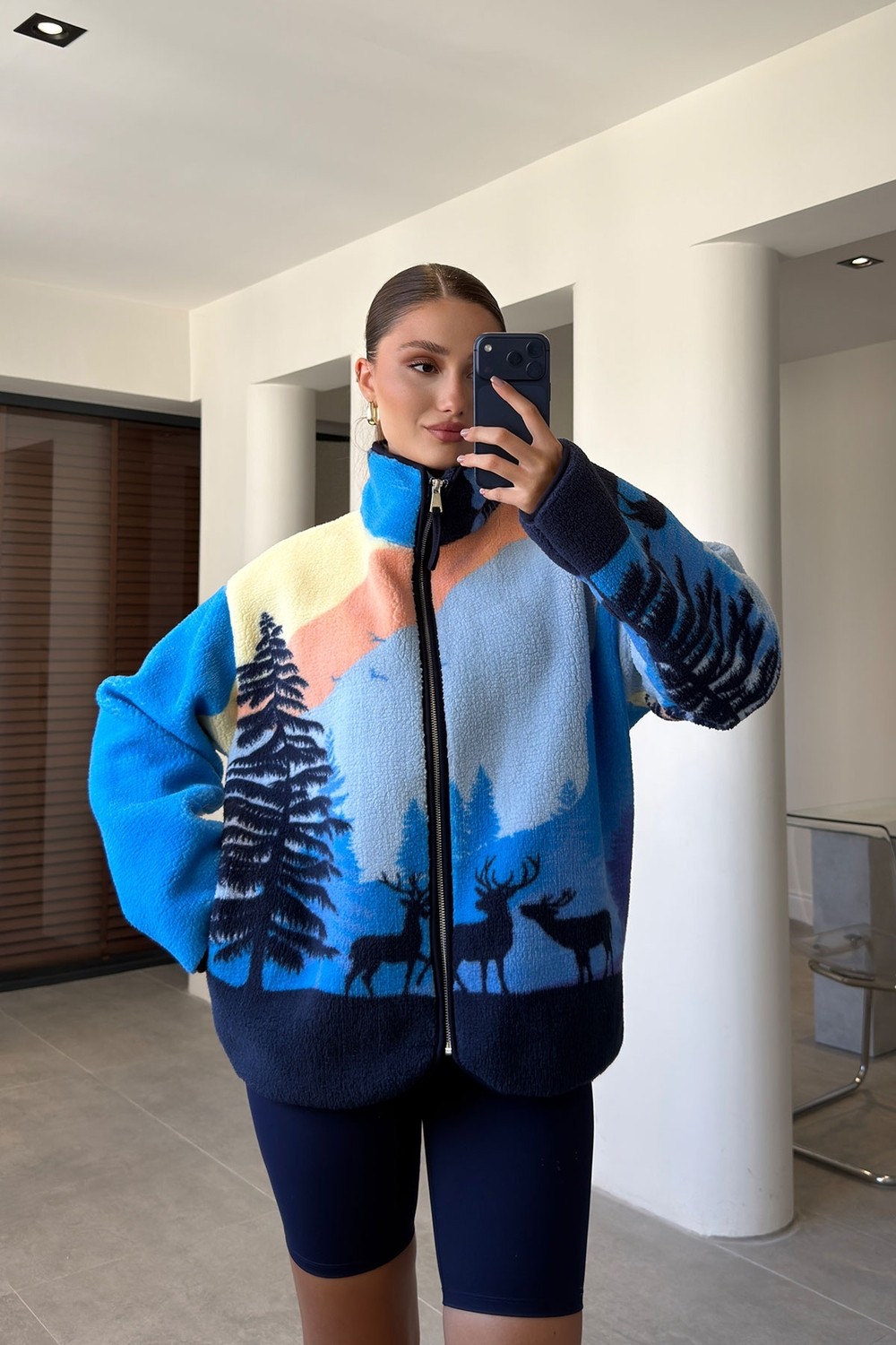 Magarde Premium Geyik Desenli Fermuarlı Polar- Yeşil