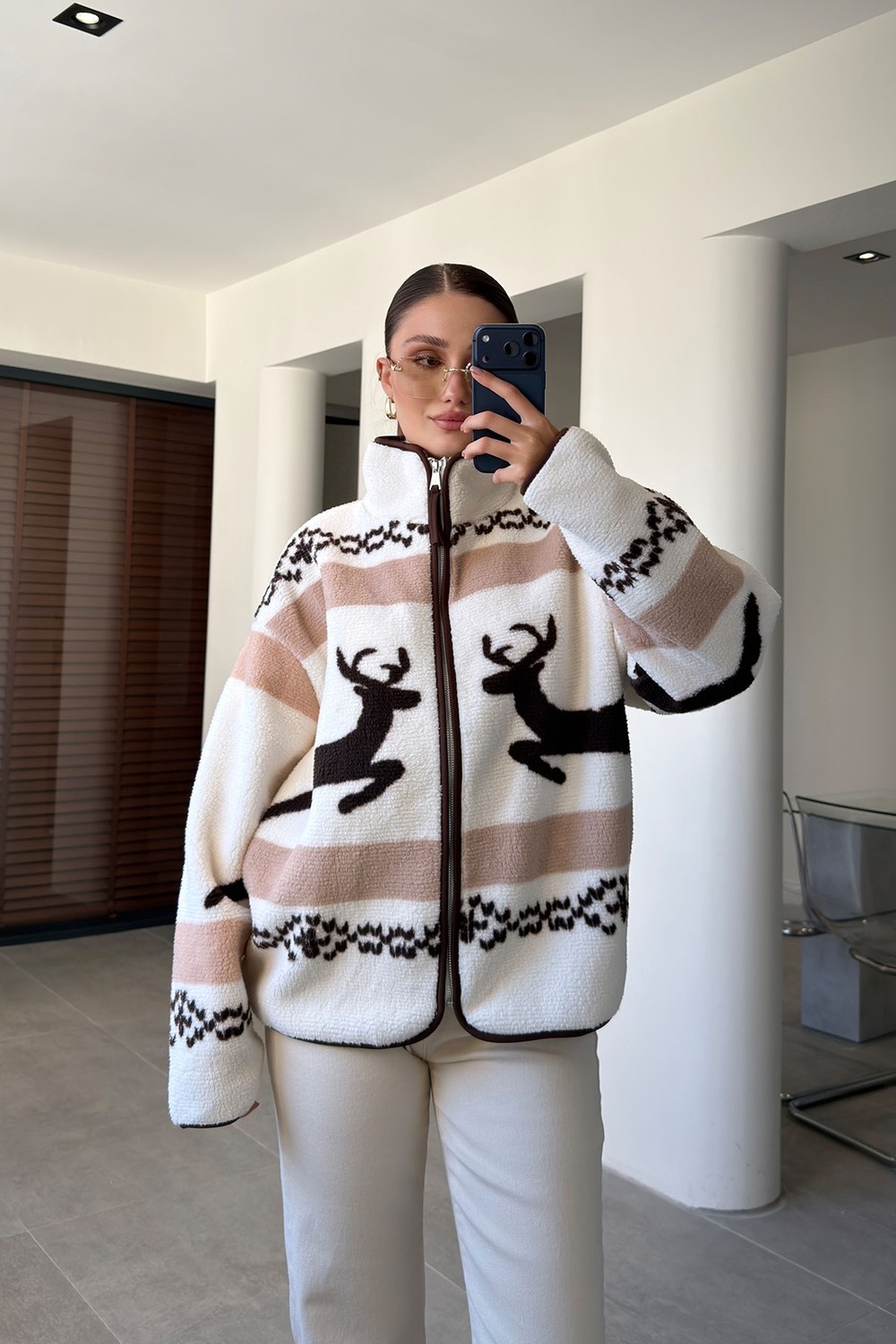 Magarde Premium Geyik Desenli Fermuarlı Polar- Yeşil