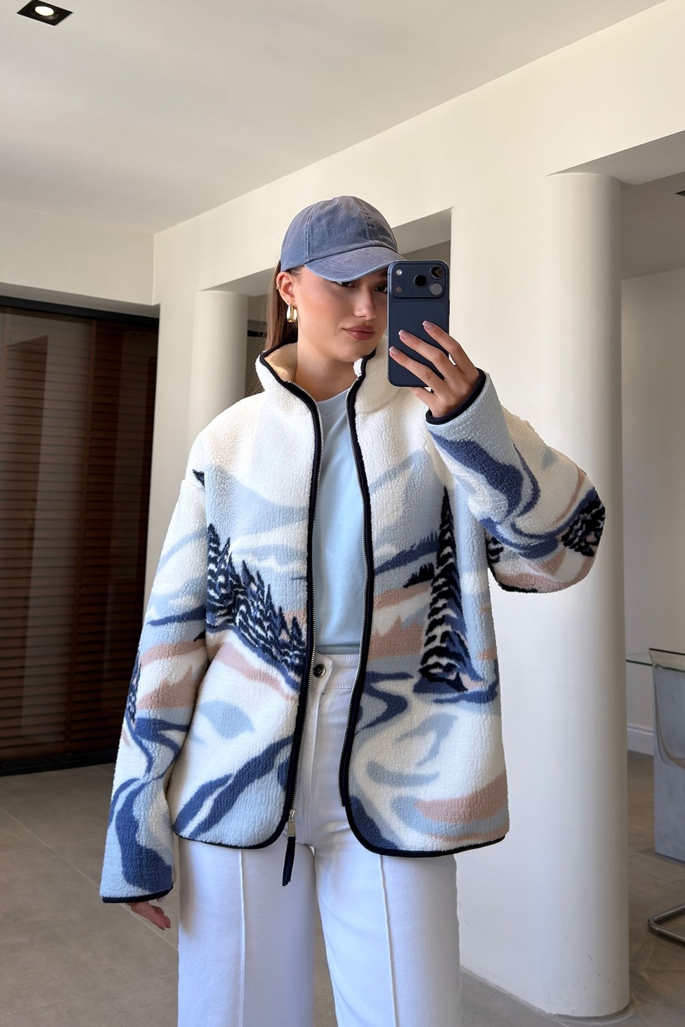 Magarde Premium Desenli Fermuarlı Polar- Mavi görsel 3