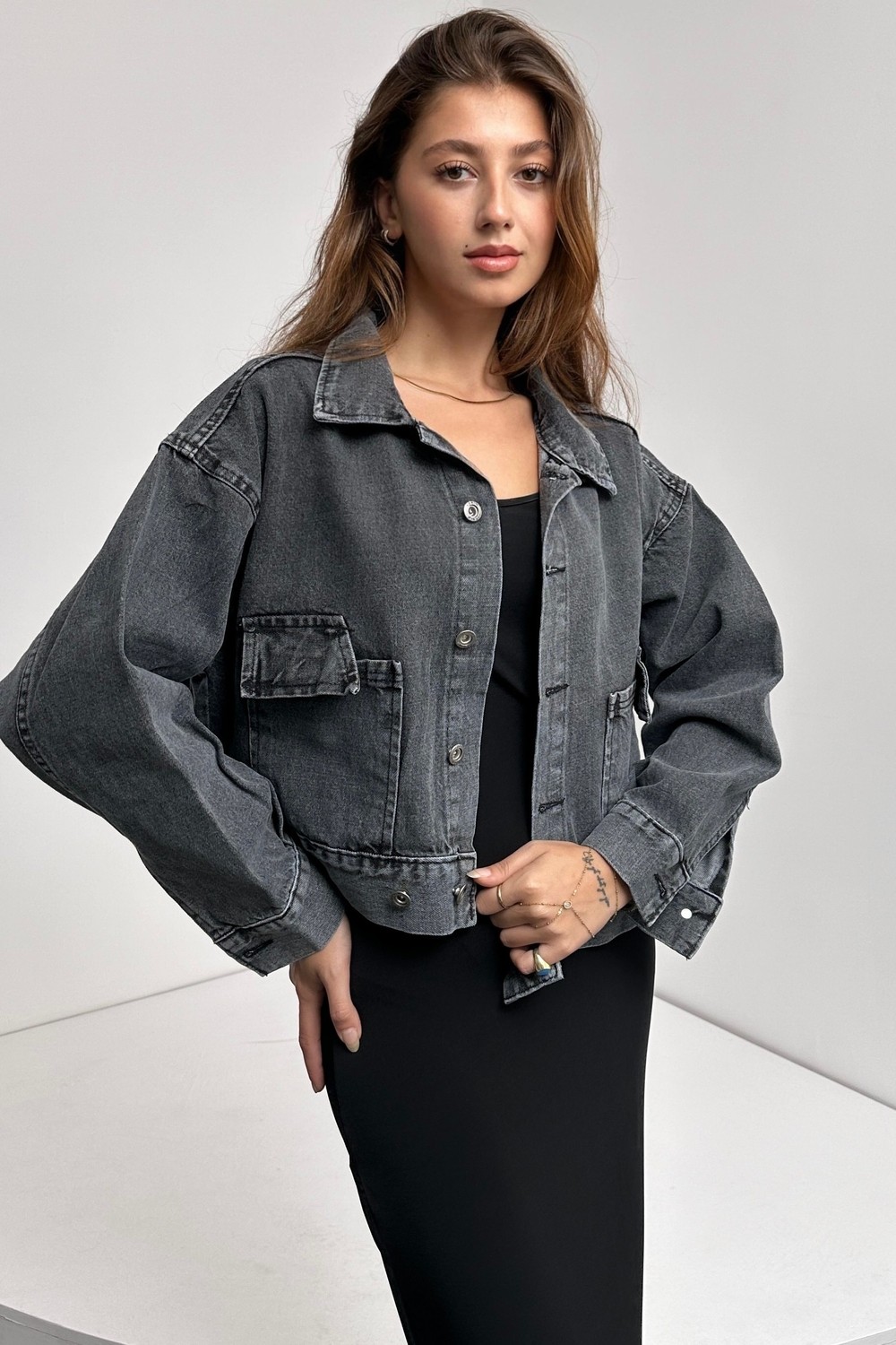 Çift Cep Beli Düğme Detaylı Denim Ceket - Antrasit - S