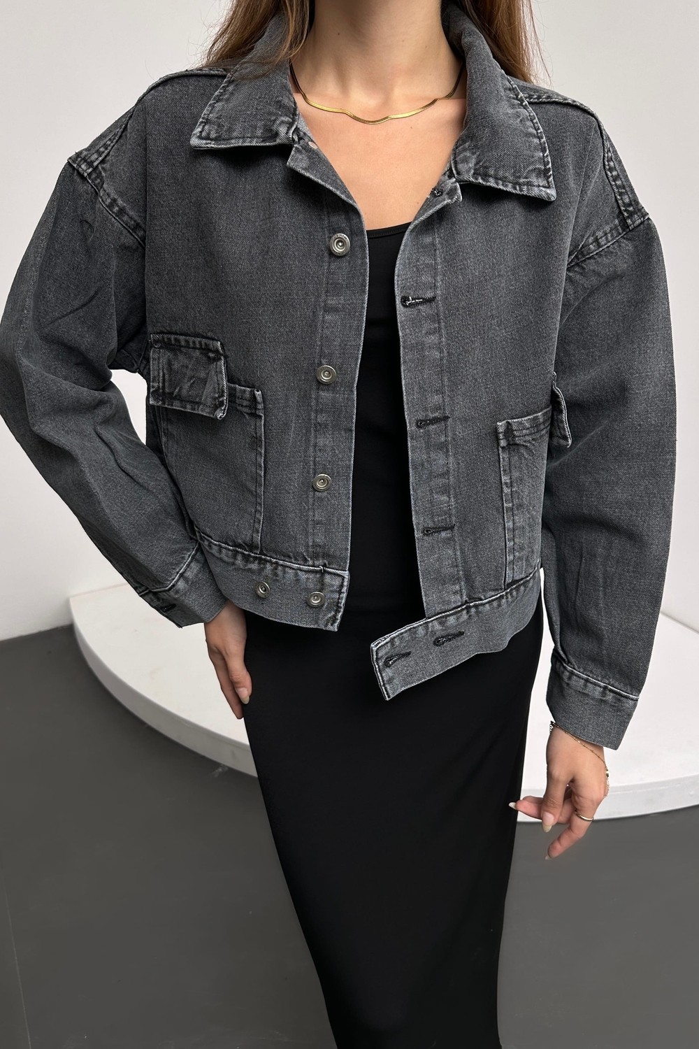 Çift Cep Beli Düğme Detaylı Denim Ceket - Antrasit - S görsel 2
