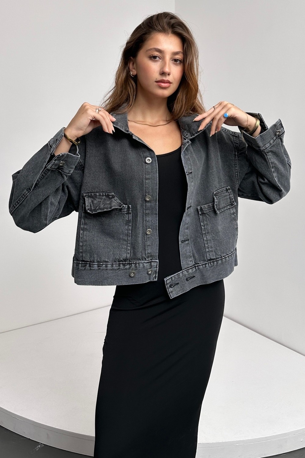 Çift Cep Beli Düğme Detaylı Denim Ceket - Antrasit - S görsel 4