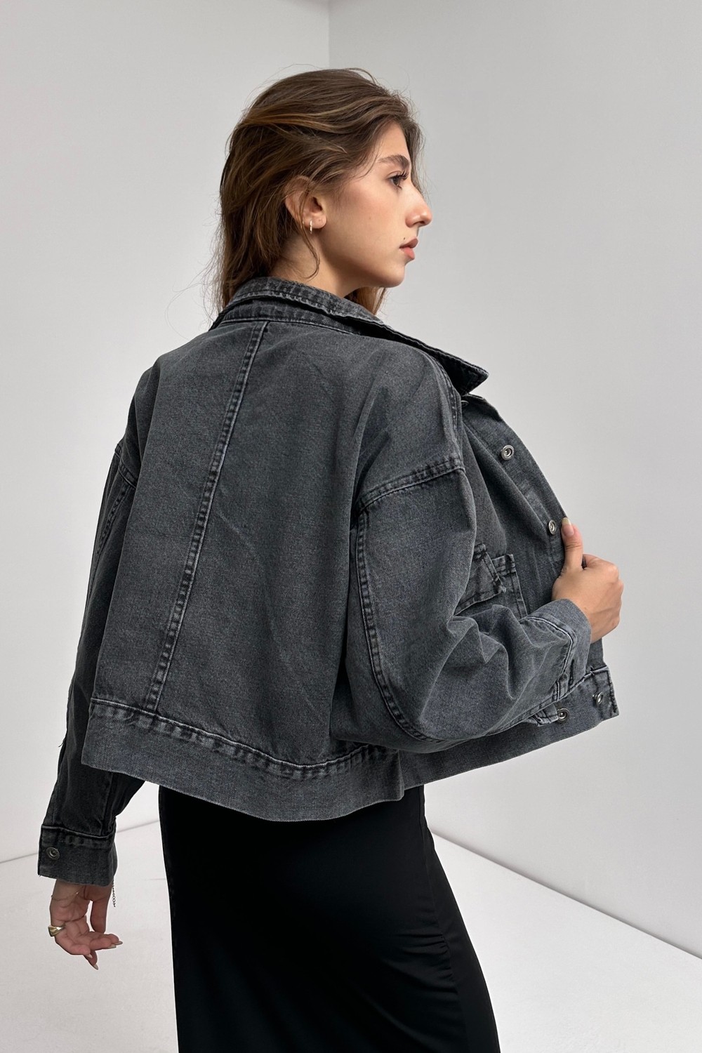 Çift Cep Beli Düğme Detaylı Denim Ceket - Antrasit - S görsel 5