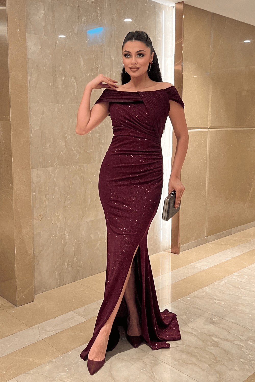 Giyimmasalı Simli Kumaş Tasarım Drape Detaylı Büyük Beden Abiye Elbise - BORDO-41126 görsel 2