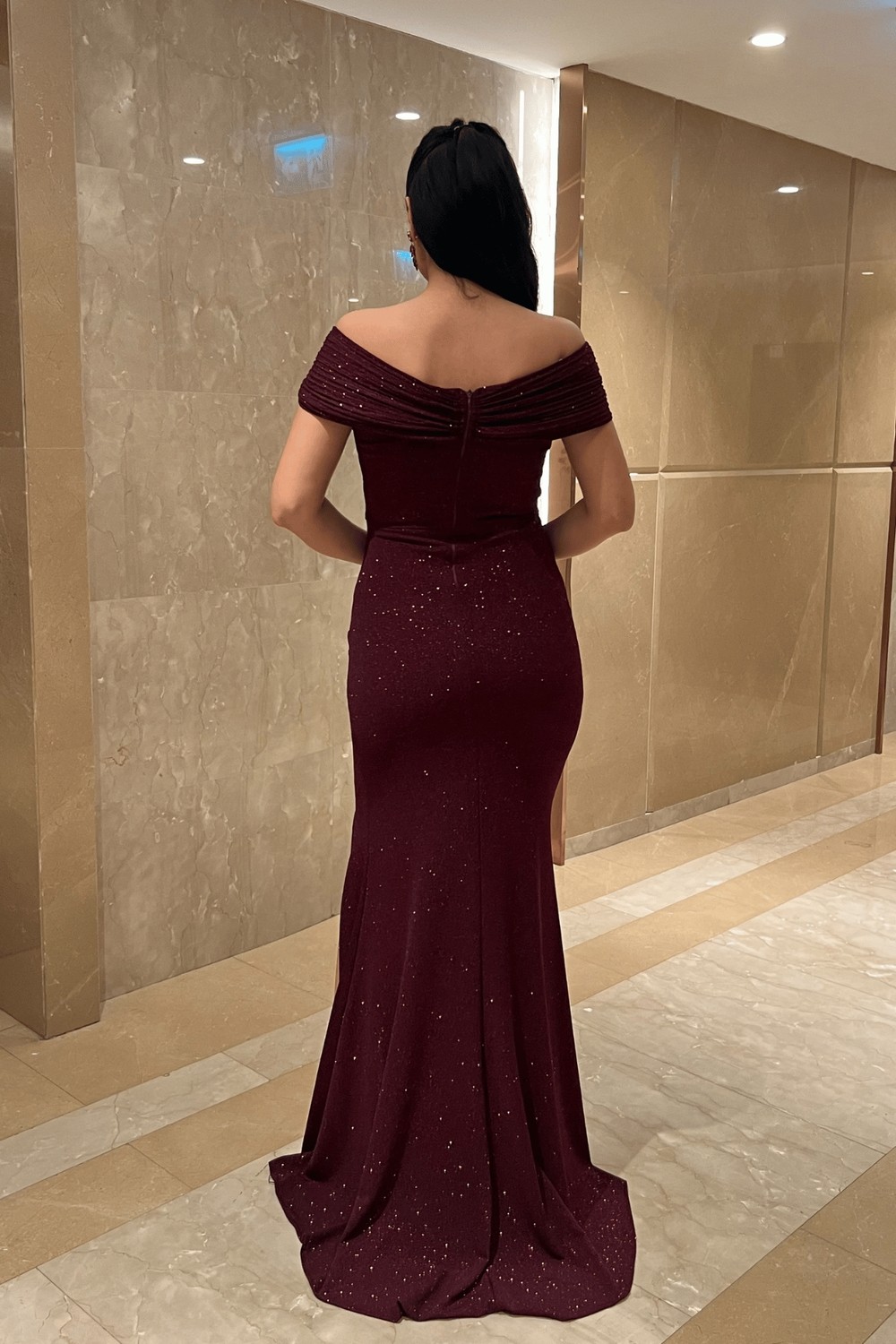 Giyimmasalı Simli Kumaş Tasarım Drape Detaylı Büyük Beden Abiye Elbise - BORDO-41126 görsel 5