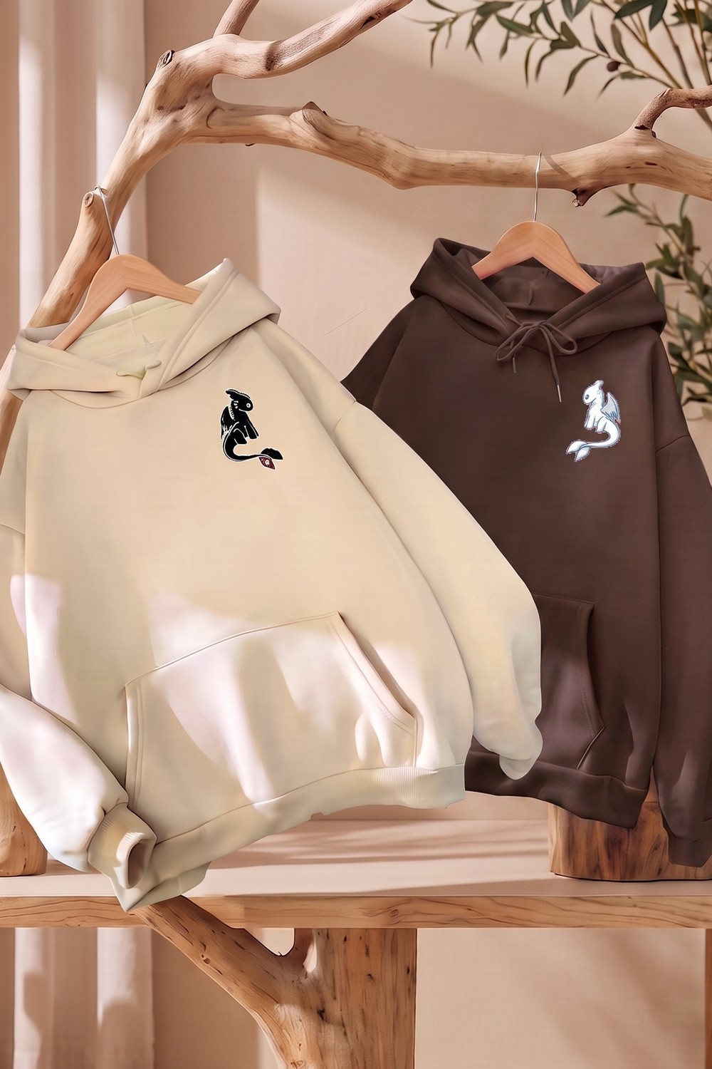Macklin Sevgili - Arkadaş Çift Kombini Night And Light Fury Sırt Baskılı Özel Tasarım Kapüşonlu Sweatshirt 2li Takım