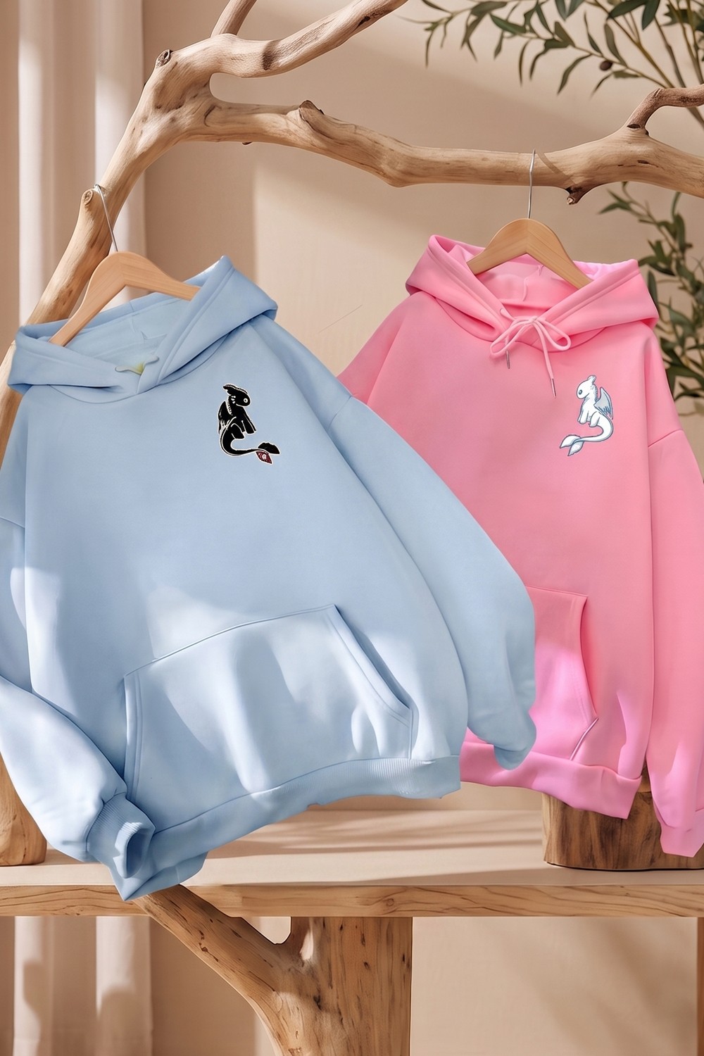 Macklin Sevgili - Arkadaş Çift Kombini Night And Light Fury Sırt Baskılı Özel Tasarım Kapüşonlu Sweatshirt 2li Takım
