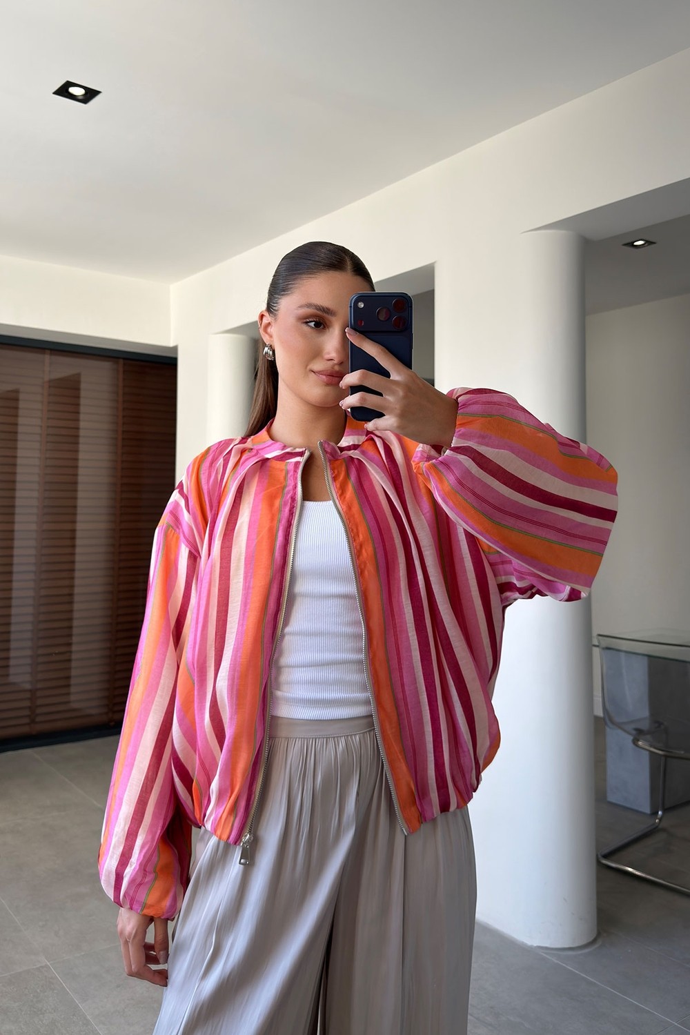 Magarde Premium Çizgili Bomber Ceket- Orange