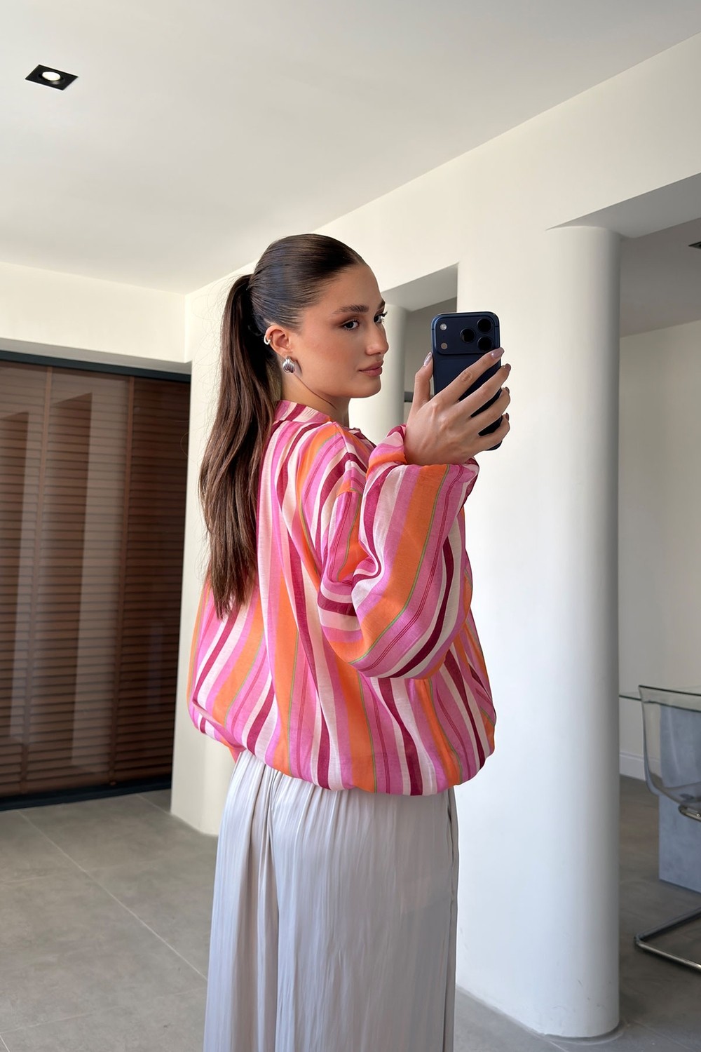 Magarde Premium Çizgili Bomber Ceket- Orange görsel 4
