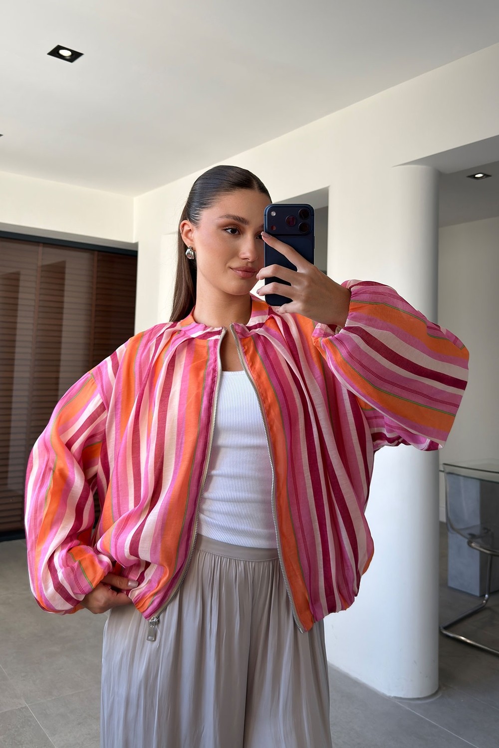 Magarde Premium Çizgili Bomber Ceket- Orange görsel 5