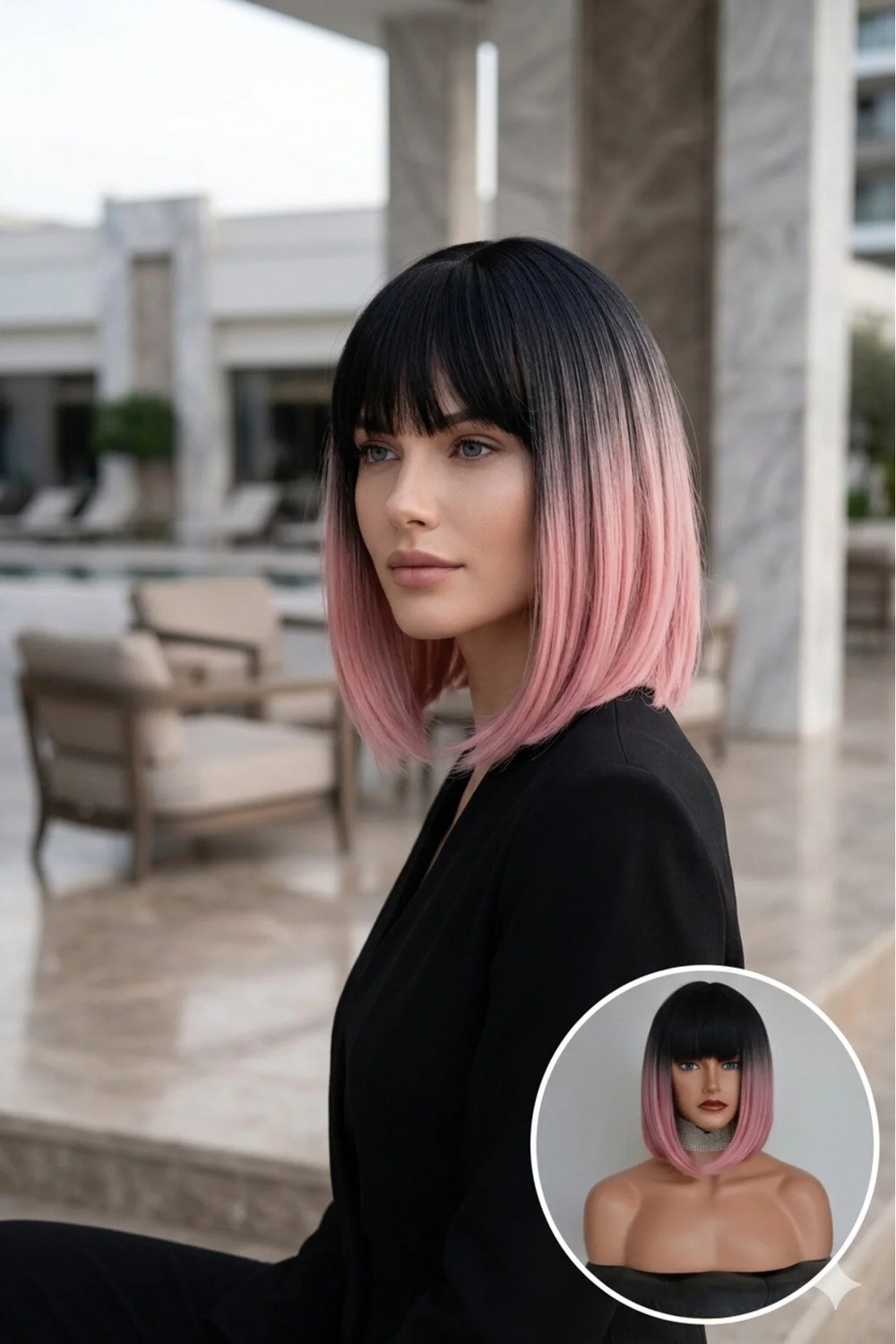 Marsilyan Kısa Küt Siyah Pembe Ombreli Fiber Sentetik Peruk