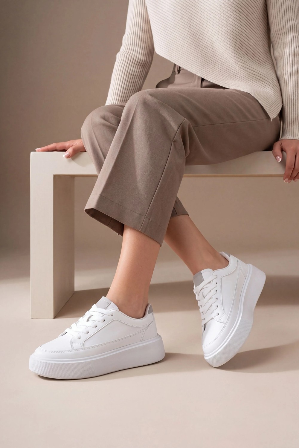 Marjin Kadın Sneaker Kalın Taban Spor Ayakkabı Domen Beyaz