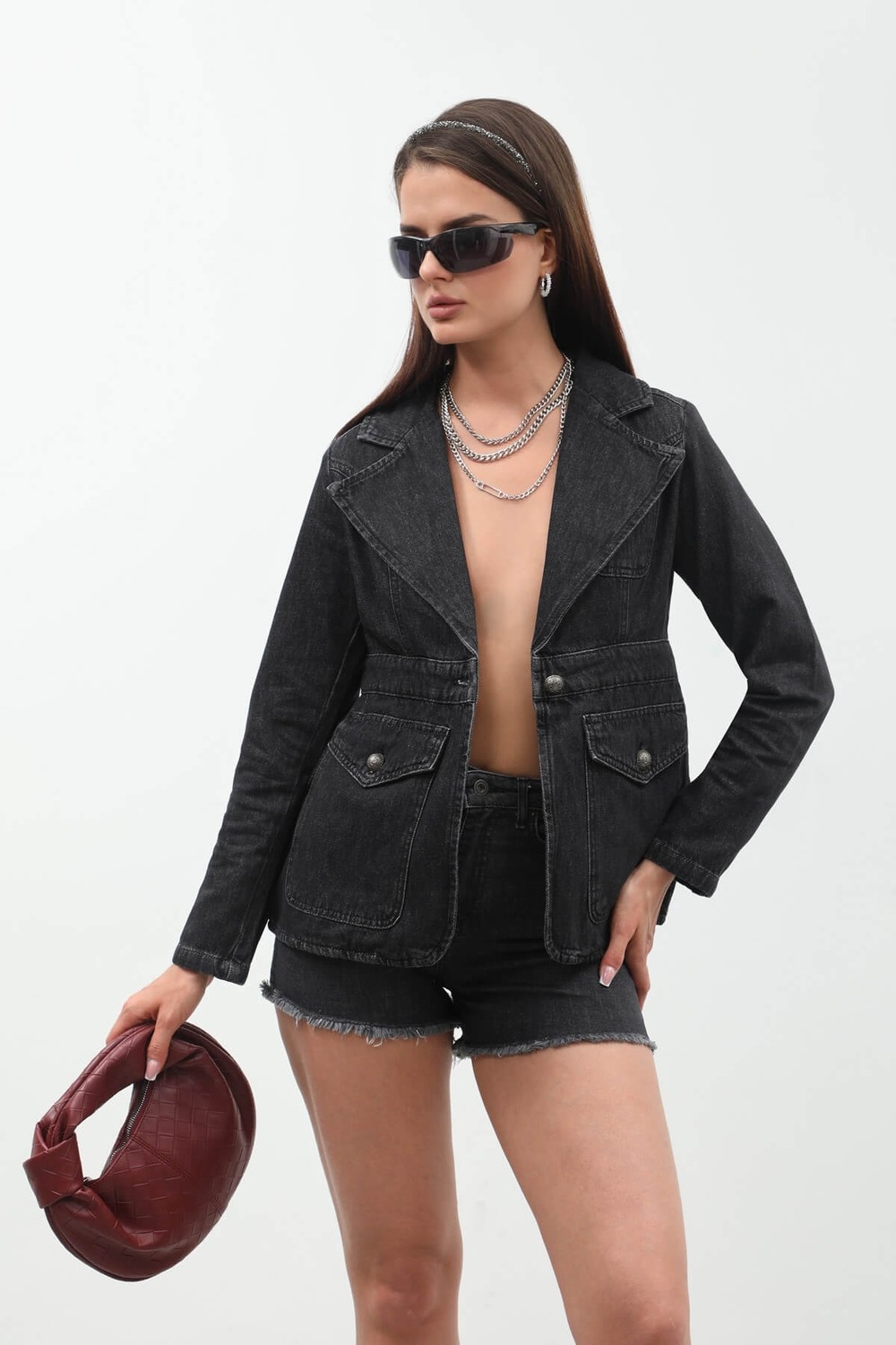 Banny Jeans Kadın Uzun Kollu Tek Düğmeli Jean Ceket Siyah görsel 2