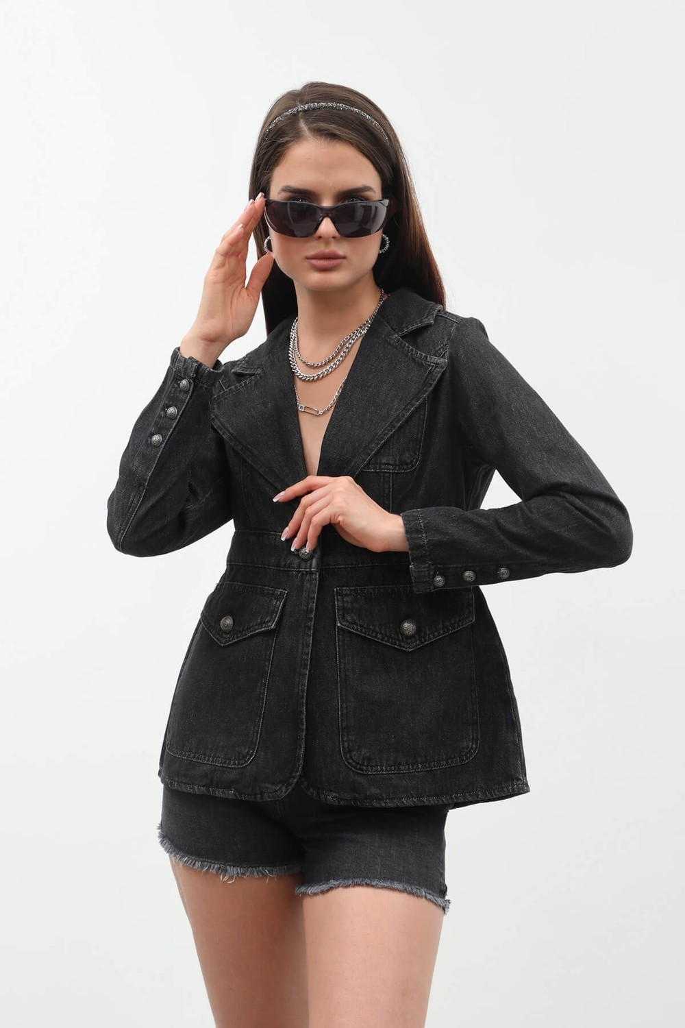 Banny Jeans Kadın Uzun Kollu Tek Düğmeli Jean Ceket Siyah görsel 3