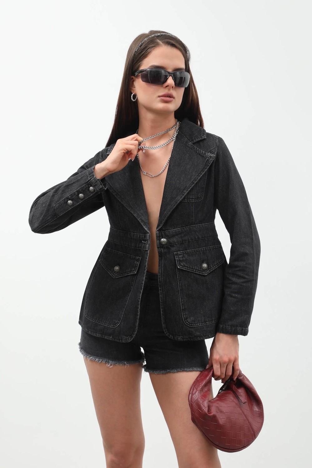 Banny Jeans Kadın Uzun Kollu Tek Düğmeli Jean Ceket Siyah görsel 5