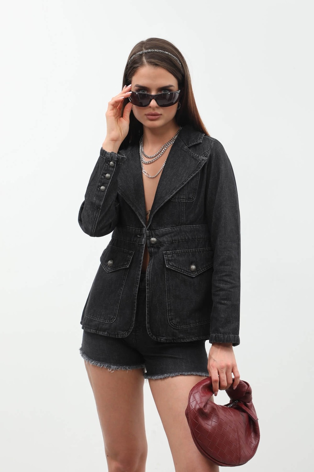 Banny Jeans Kadın Uzun Kollu Tek Düğmeli Jean Ceket Siyah görsel 6