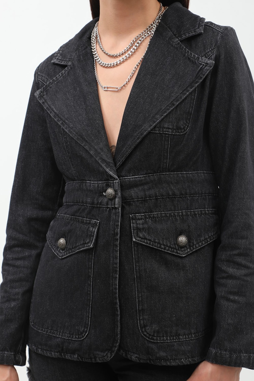 Banny Jeans Kadın Uzun Kollu Tek Düğmeli Jean Ceket Siyah görsel 8