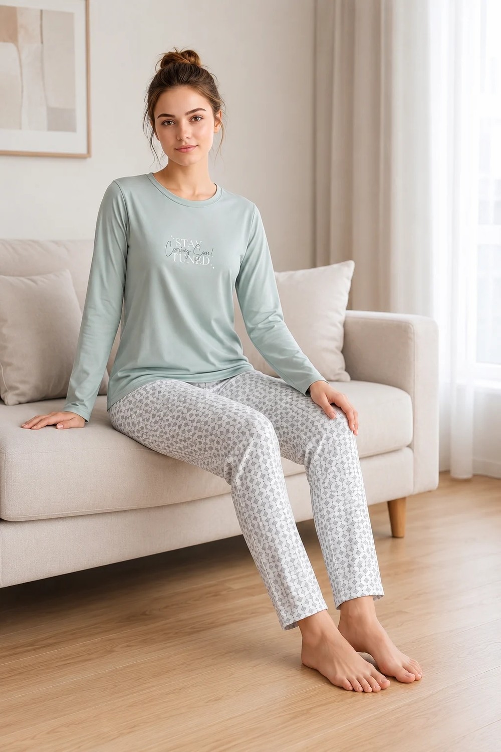 Flz Kadın Kışlık Viskon Pijama Takımı Uzun Kollu Bisiklet Yaka Desenli Pantolon M L Xl Xxl 89-160