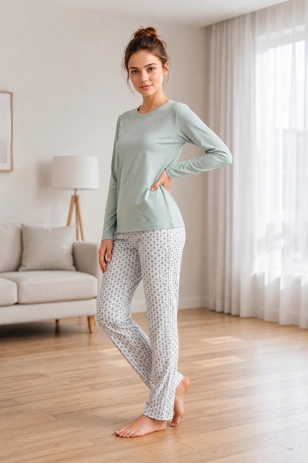 Flz Kadın Kışlık Viskon Pijama Takımı Uzun Kollu Bisiklet Yaka Desenli Pantolon M L Xl Xxl 89-160 görsel 2