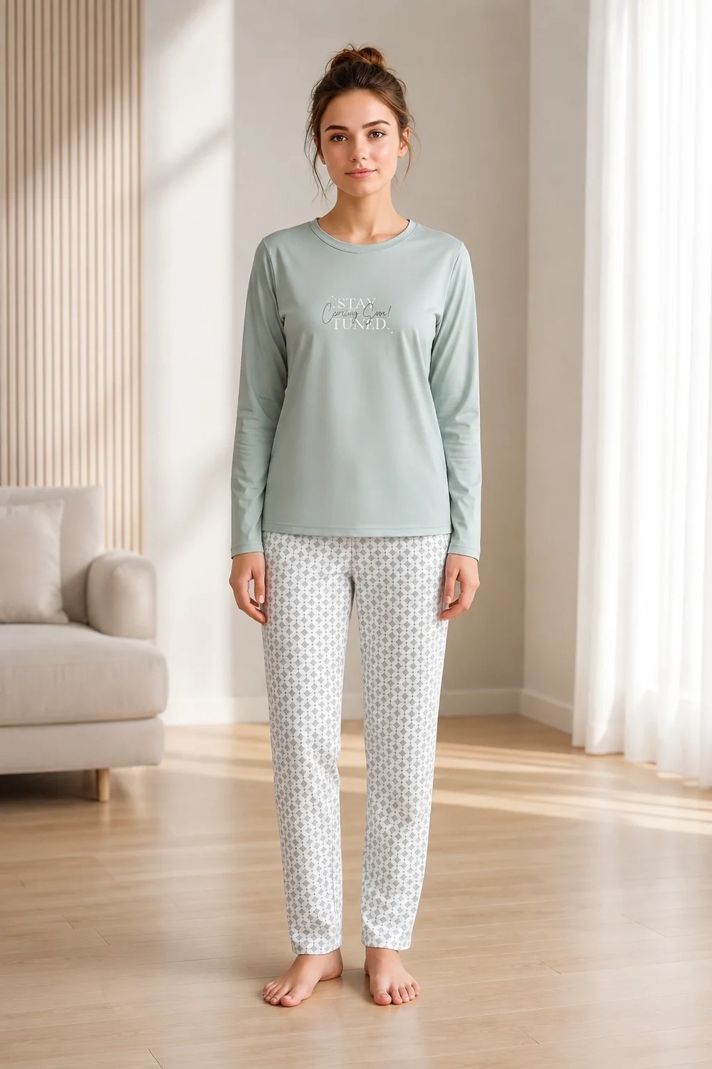 Flz Kadın Kışlık Viskon Pijama Takımı Uzun Kollu Bisiklet Yaka Desenli Pantolon M L Xl Xxl 89-160 görsel 3