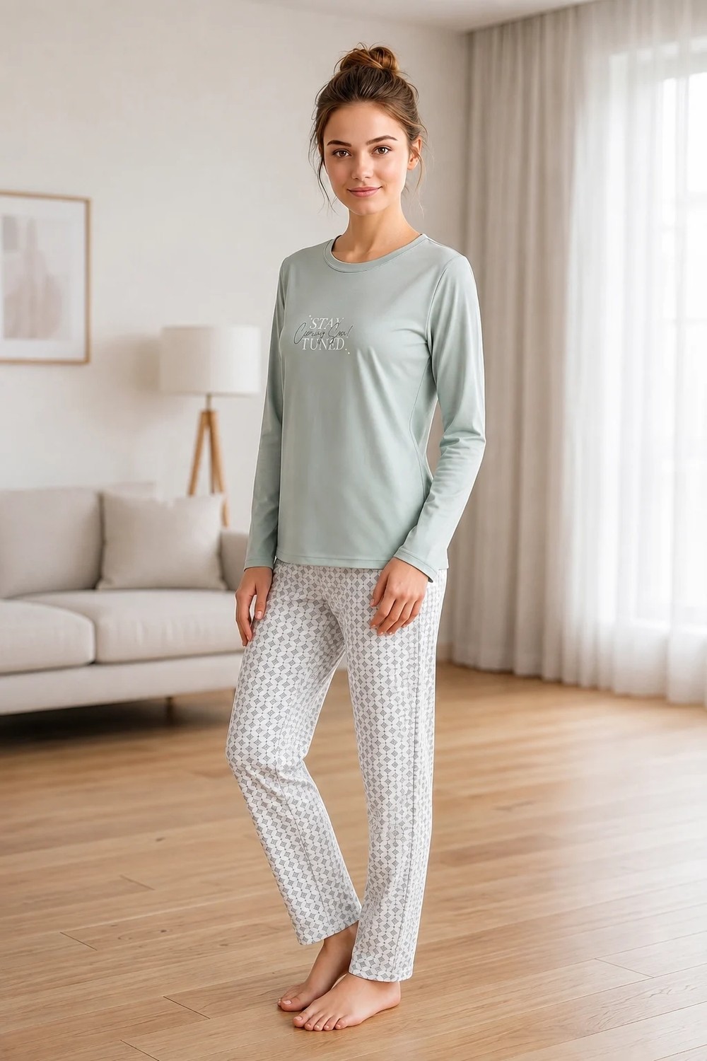 Flz Kadın Kışlık Viskon Pijama Takımı Uzun Kollu Bisiklet Yaka Desenli Pantolon M L Xl Xxl 89-160 görsel 5