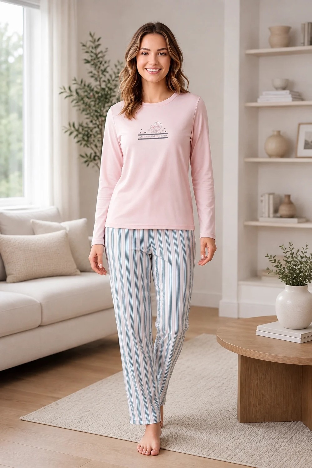 Flz Kadın Kışlık Viskon Pijama Takımı Uzun Kollu Çizgili Pantolon Rahat Kalıp M L Xl Xxl 89-162