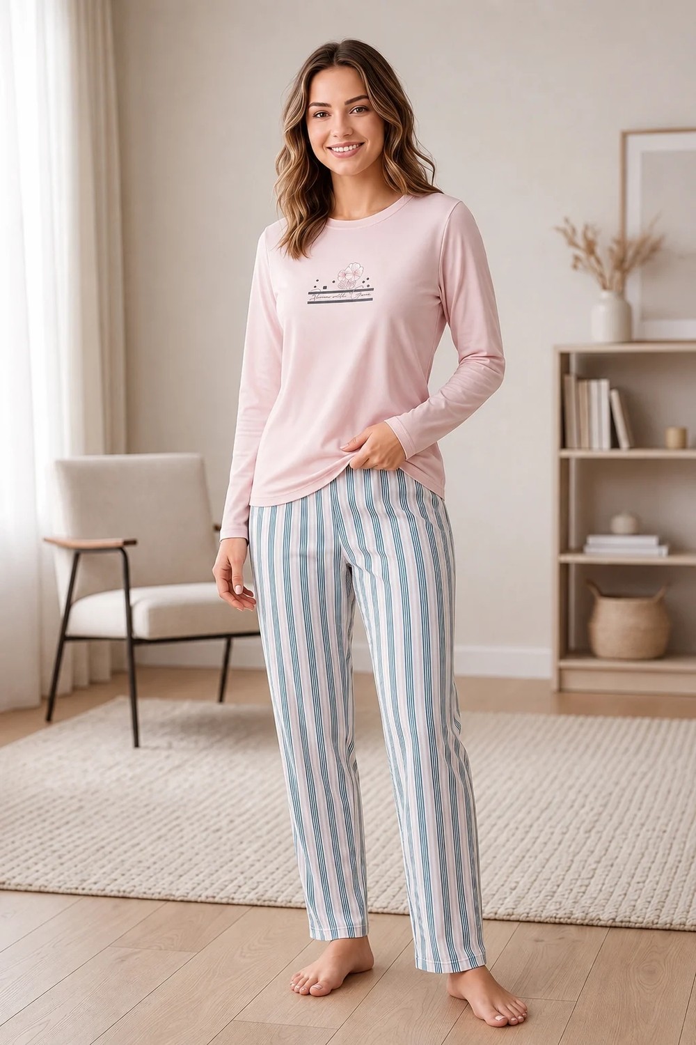 Flz Kadın Kışlık Viskon Pijama Takımı Uzun Kollu Çizgili Pantolon Rahat Kalıp M L Xl Xxl 89-162 görsel 2
