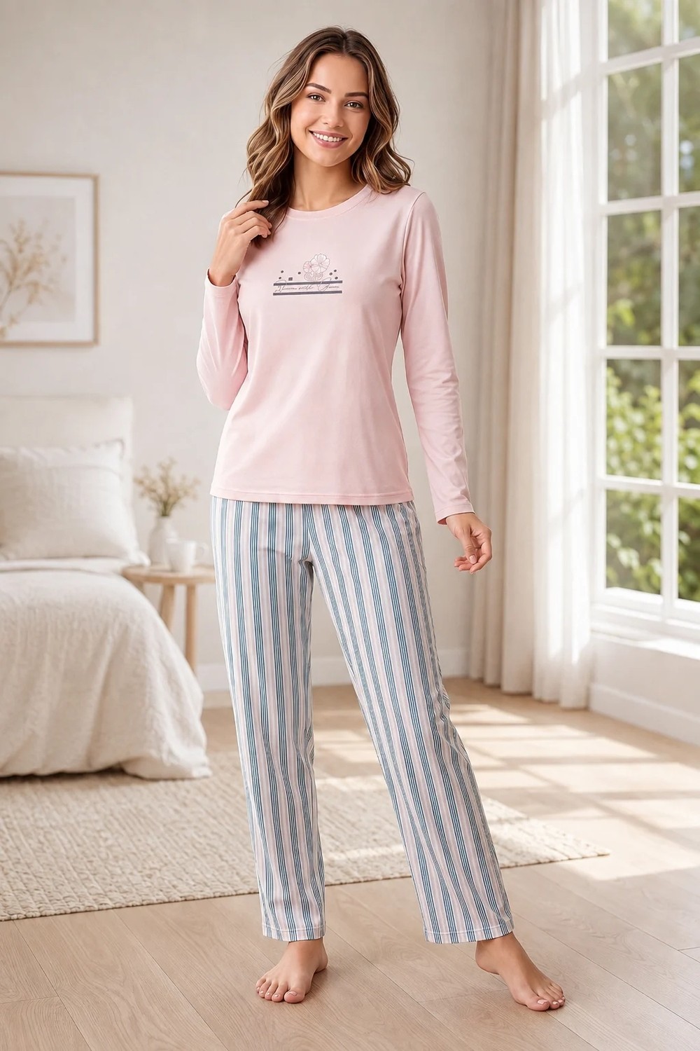 Flz Kadın Kışlık Viskon Pijama Takımı Uzun Kollu Çizgili Pantolon Rahat Kalıp M L Xl Xxl 89-162 görsel 4