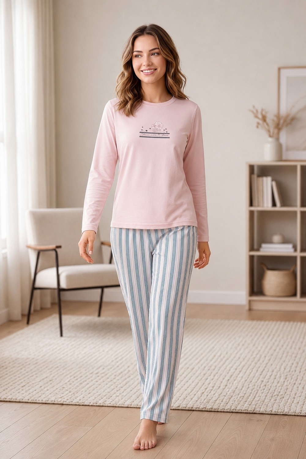 Flz Kadın Kışlık Viskon Pijama Takımı Uzun Kollu Çizgili Pantolon Rahat Kalıp M L Xl Xxl 89-162 görsel 5