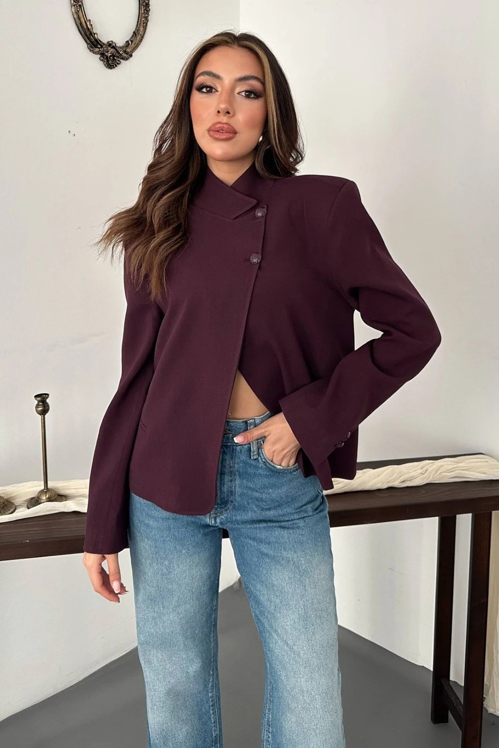 Moda Days Kadın Kahverengi Ceket Dik Yaka Çift Düğmeli Astarlı Uzun Kollu Dokuma Blazer