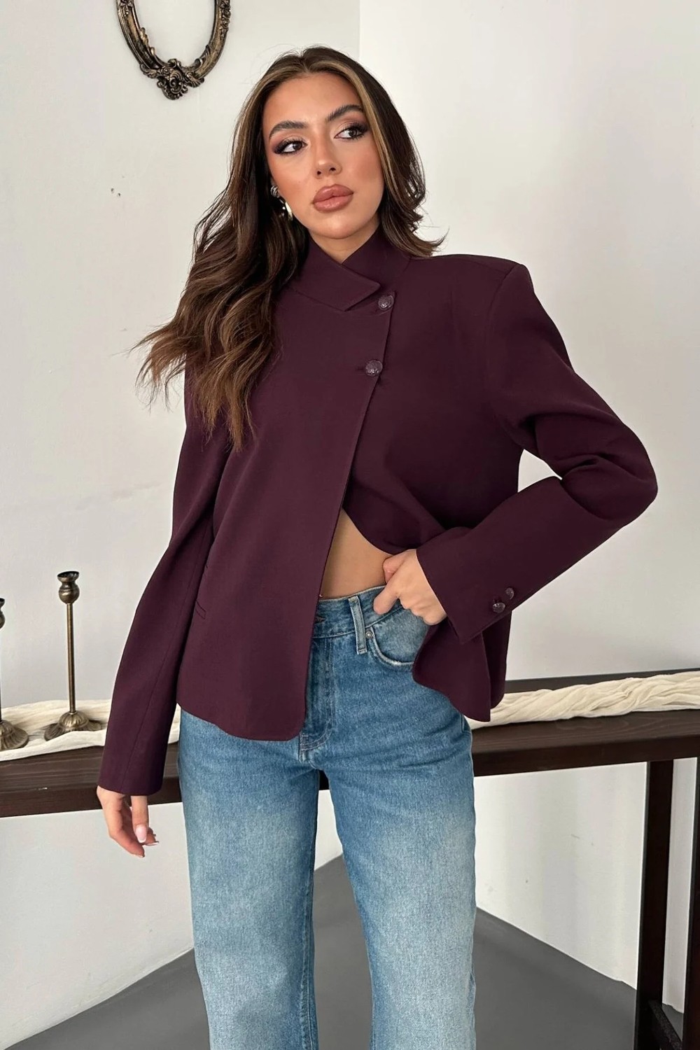 Moda Days Kadın Kahverengi Ceket Dik Yaka Çift Düğmeli Astarlı Uzun Kollu Dokuma Blazer görsel 2