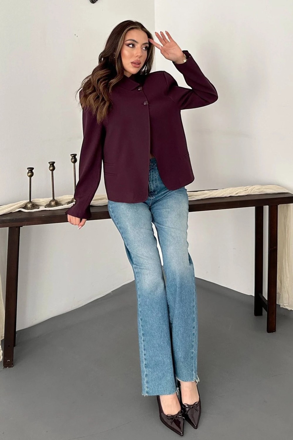 Moda Days Kadın Kahverengi Ceket Dik Yaka Çift Düğmeli Astarlı Uzun Kollu Dokuma Blazer görsel 3