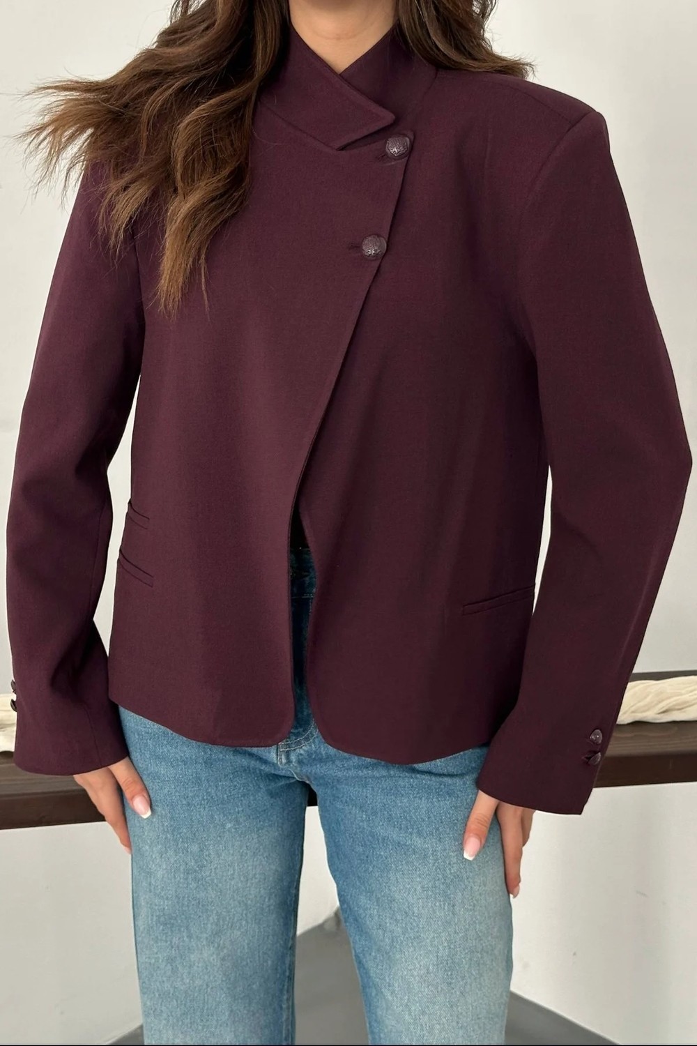 Moda Days Kadın Kahverengi Ceket Dik Yaka Çift Düğmeli Astarlı Uzun Kollu Dokuma Blazer görsel 4