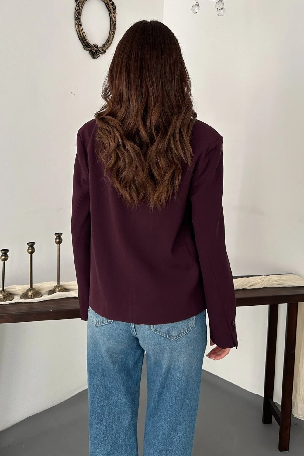 Moda Days Kadın Kahverengi Ceket Dik Yaka Çift Düğmeli Astarlı Uzun Kollu Dokuma Blazer görsel 5