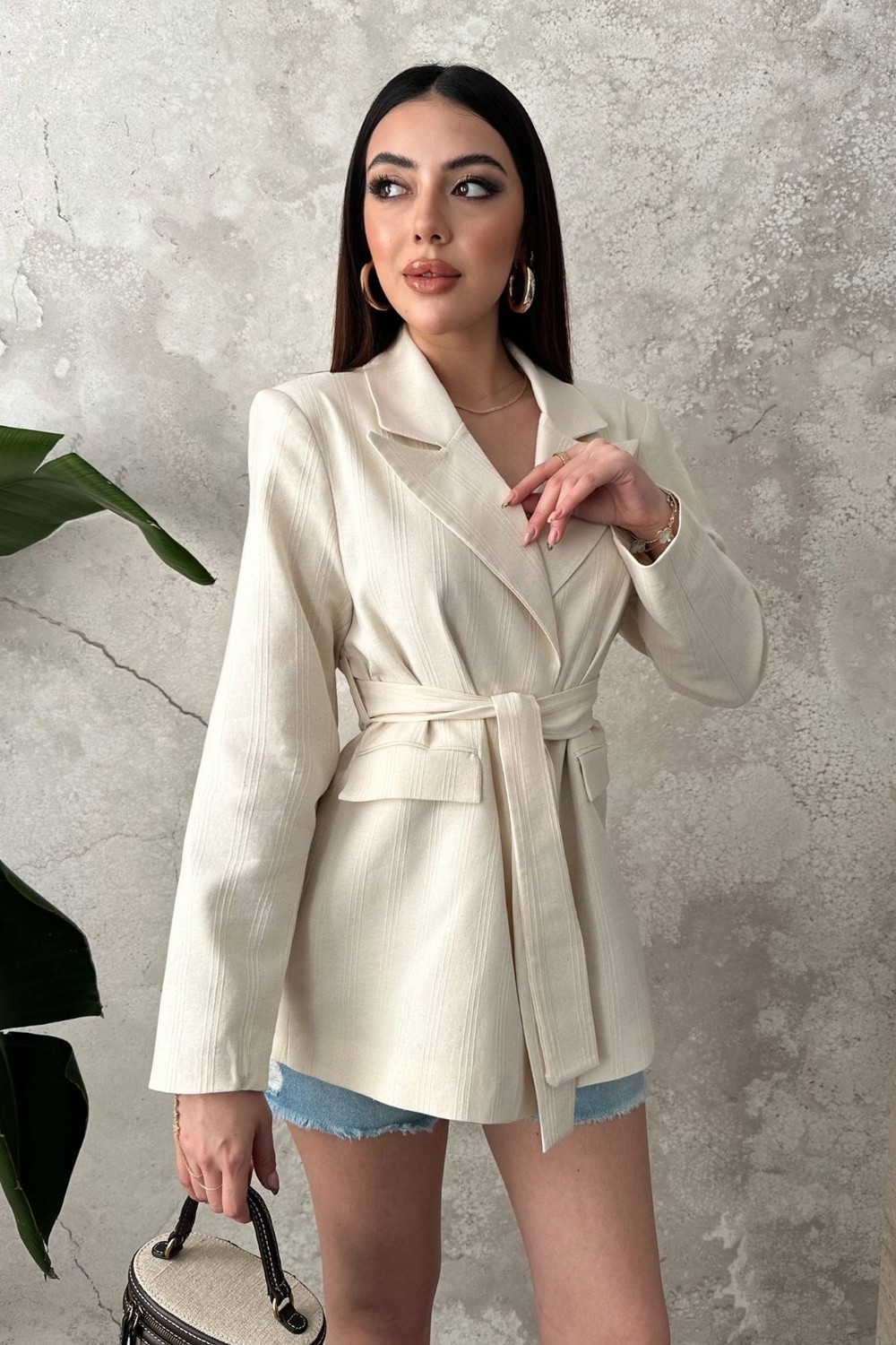 Moda Days Kadın Ekru Çizgili Kuşaklı Astarlı Ceket Yaka Uzun Kollu Blazer Ceket görsel 2