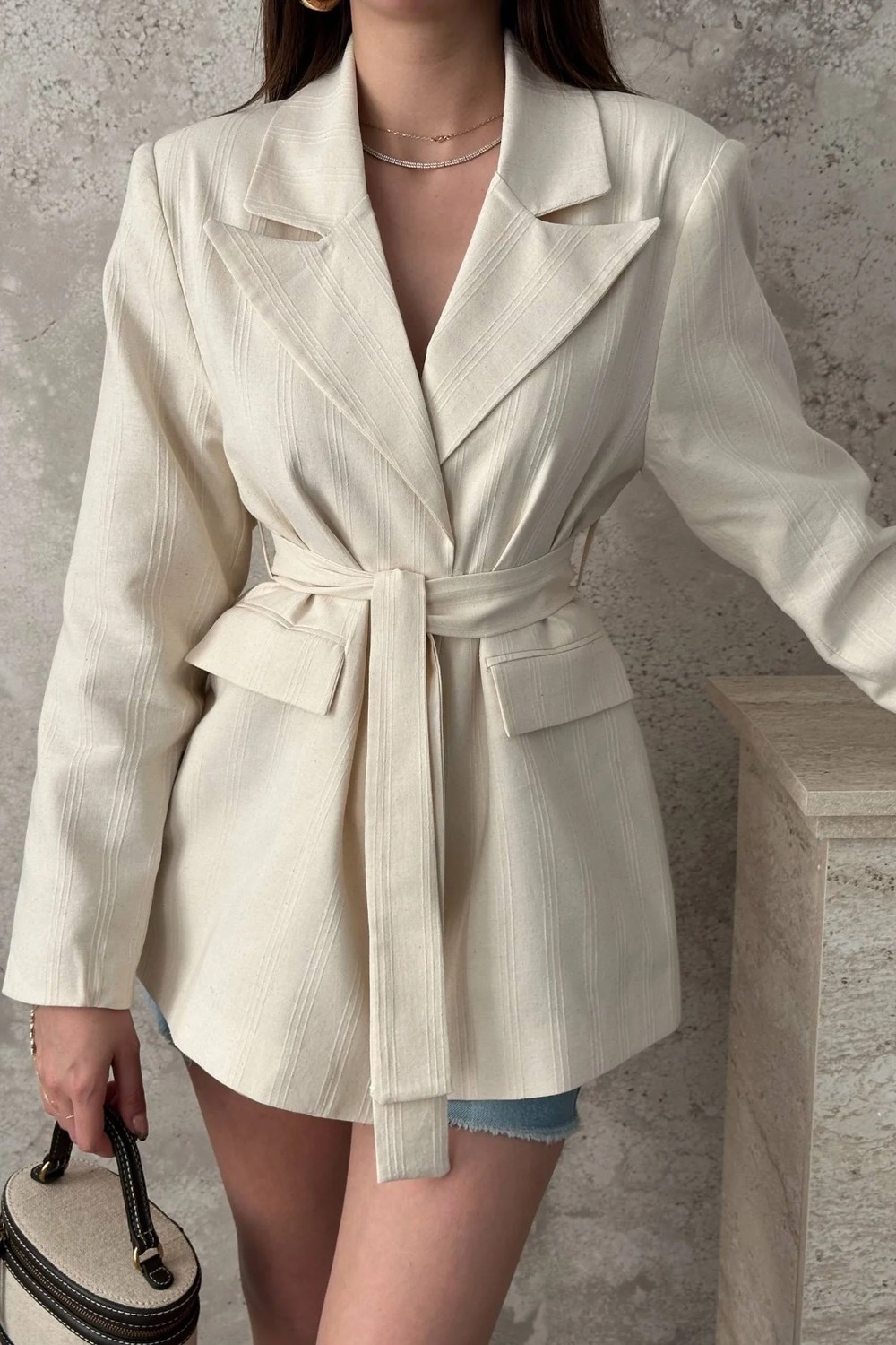 Moda Days Kadın Ekru Çizgili Kuşaklı Astarlı Ceket Yaka Uzun Kollu Blazer Ceket görsel 4