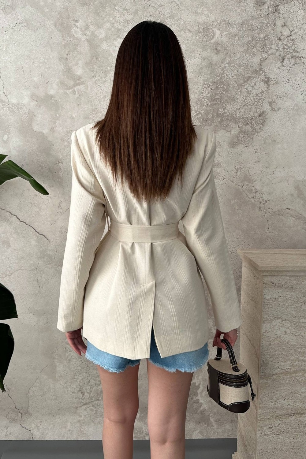 Moda Days Kadın Ekru Çizgili Kuşaklı Astarlı Ceket Yaka Uzun Kollu Blazer Ceket görsel 5