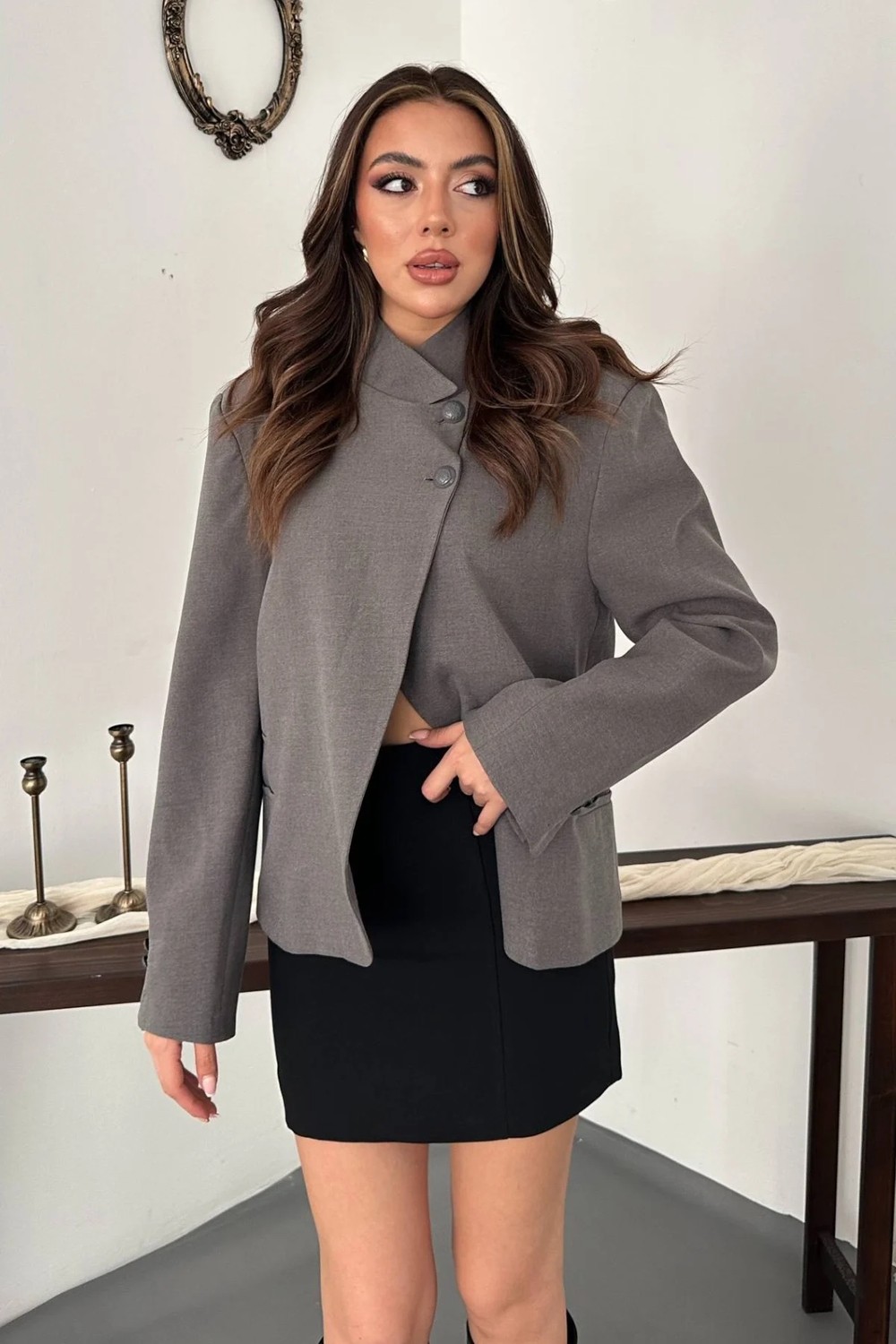 Moda Days Kadın Kahverengi Ceket Dik Yaka Çift Düğmeli Astarlı Uzun Kollu Dokuma Blazer görsel 7