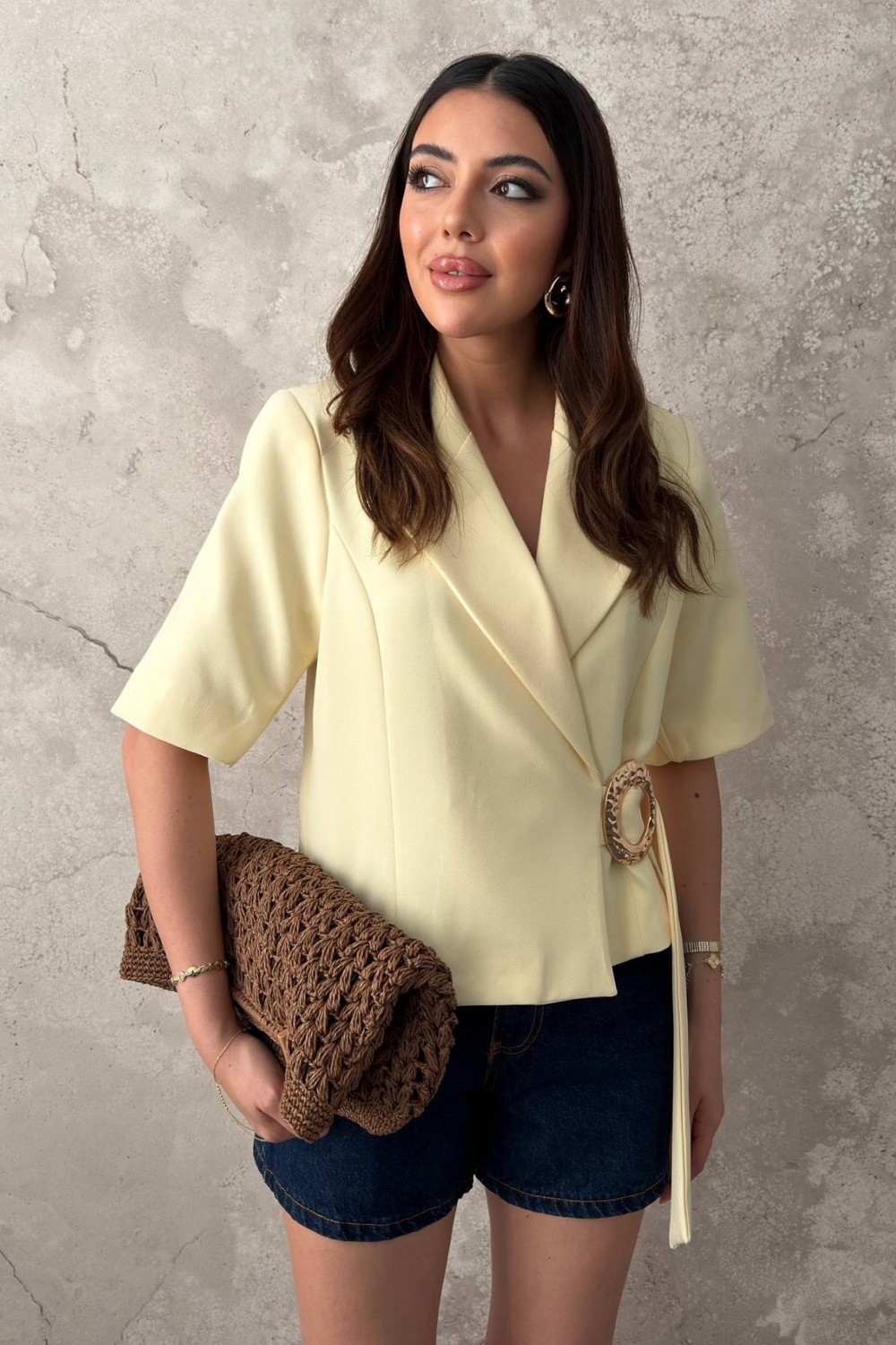 Moda Days Kadın Sarı Kısa Kollu Tokalı Kemerli Ceket Yaka Astarlı Dokuma Ceket görsel 2