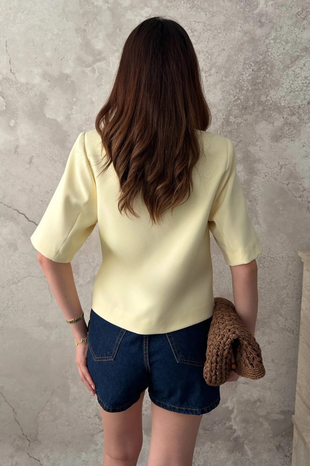 Moda Days Kadın Sarı Kısa Kollu Tokalı Kemerli Ceket Yaka Astarlı Dokuma Ceket görsel 5