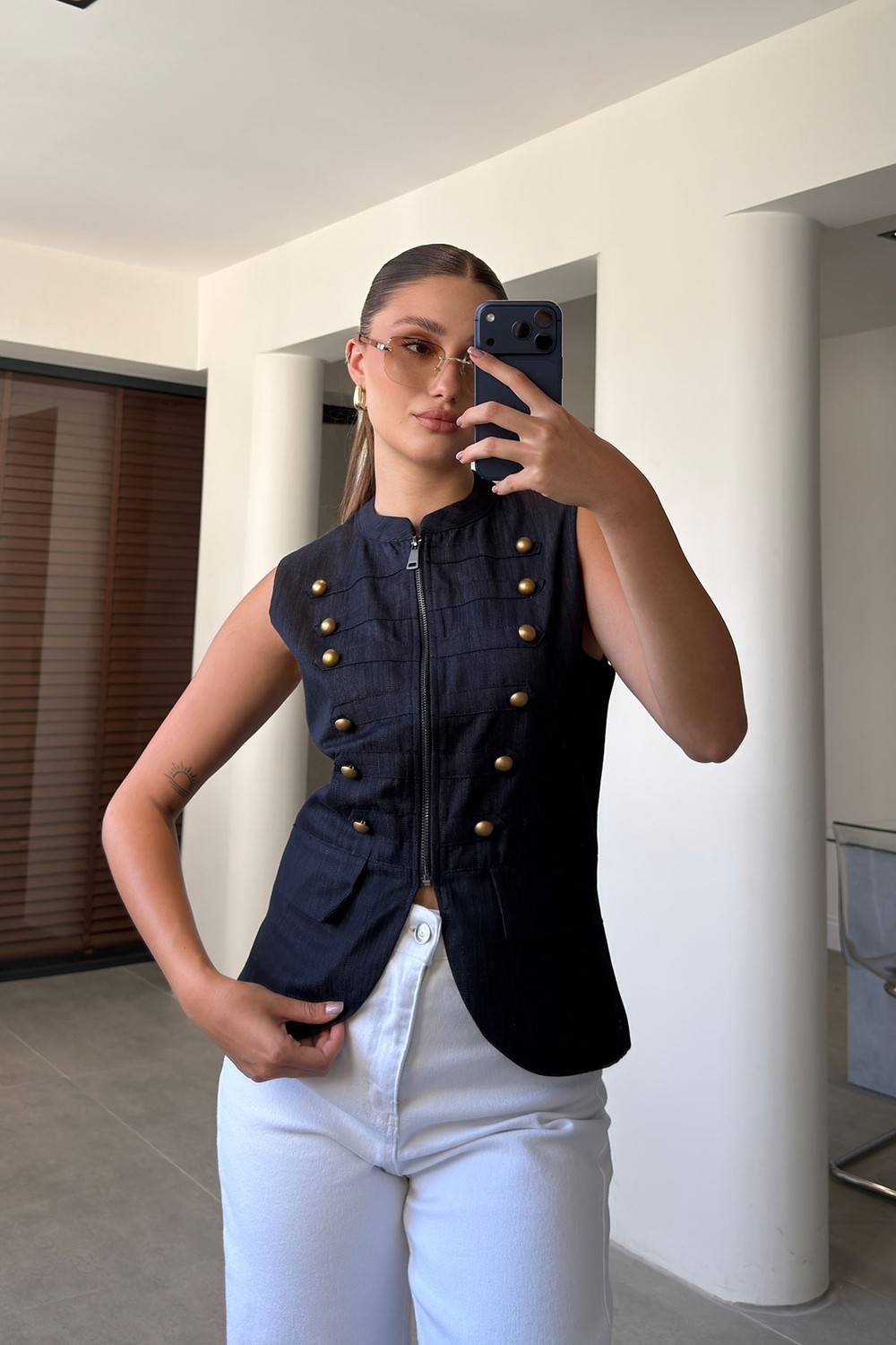 Magarde Premium Dik Yaka Fermuarlı Jean Yelek- Koyu Lacivert