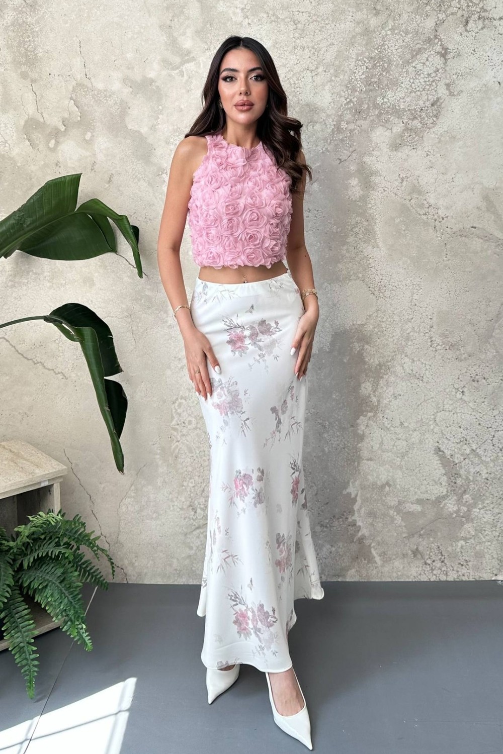 Moda Days Kadın Ekru Saten Çiçek Desenli Maxi Boy Beli Lastikli A Kesim Etek
