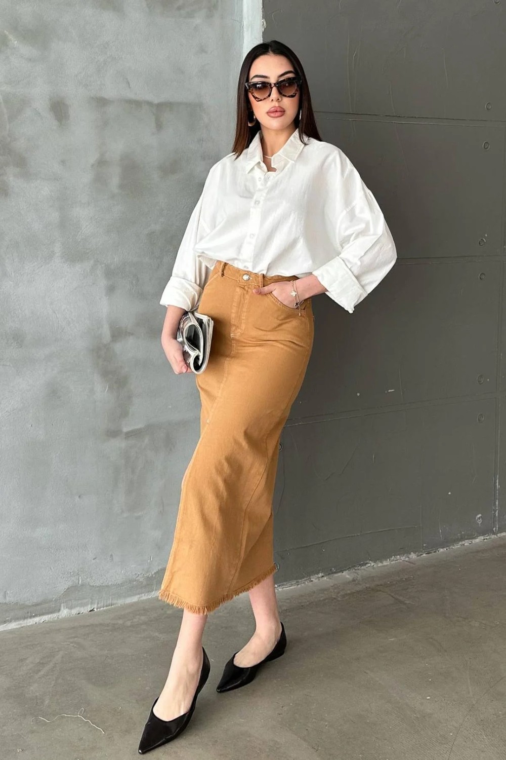 Moda Days Kadın Camel Midi Yüksek Bel Yırtmaçlı Püskül Detaylı Gabardin Etek