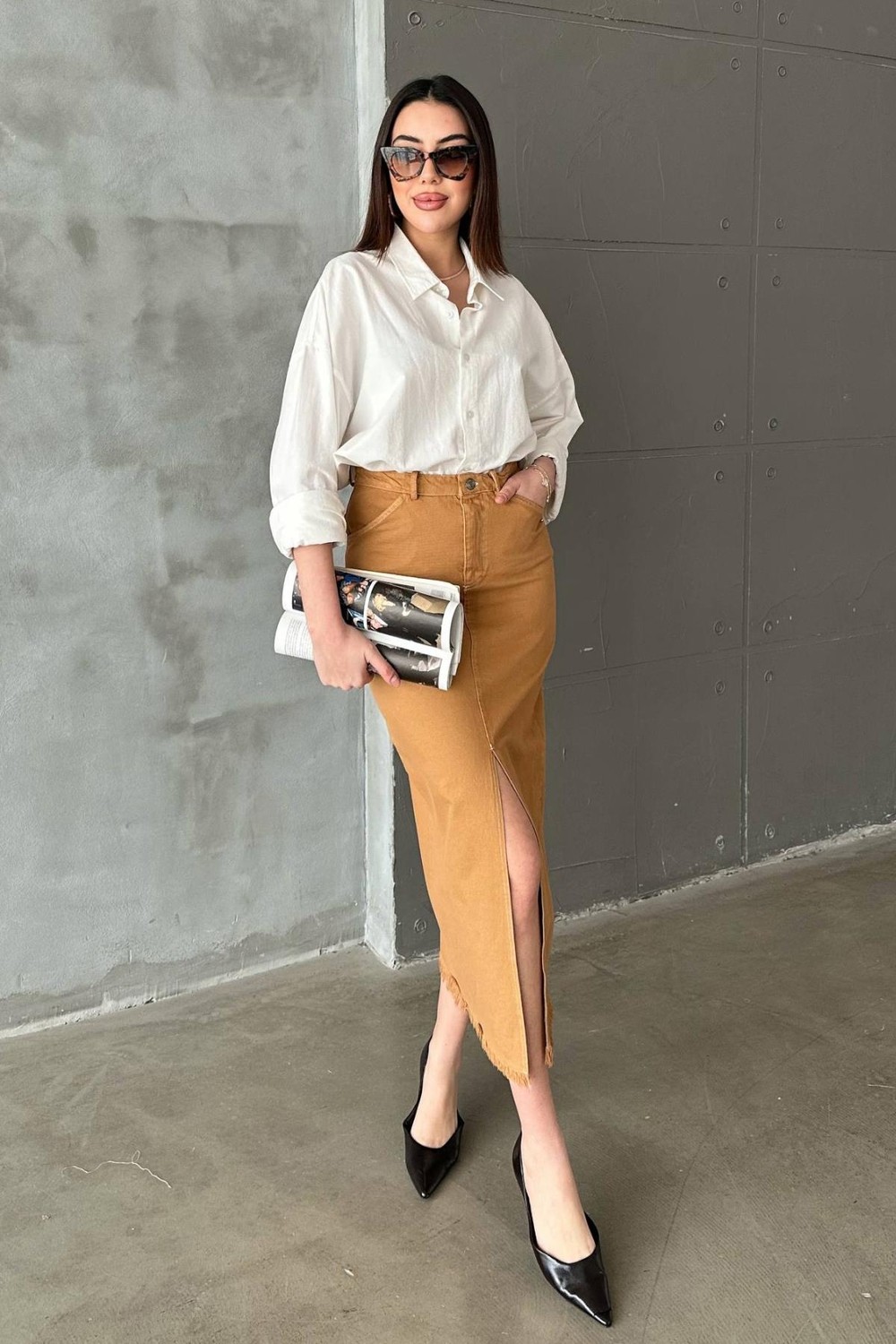 Moda Days Kadın Camel Midi Yüksek Bel Yırtmaçlı Püskül Detaylı Gabardin Etek görsel 2