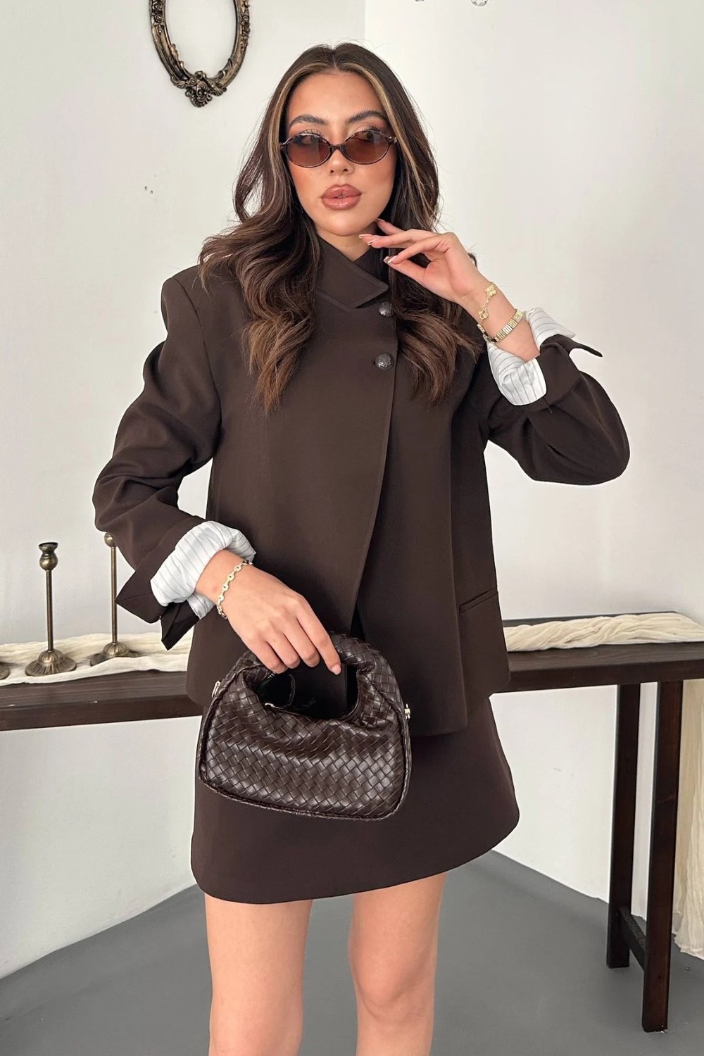 Moda Days Kadın Kahverengi Ceket Dik Yaka Çift Düğmeli Astarlı Uzun Kollu Dokuma Blazer