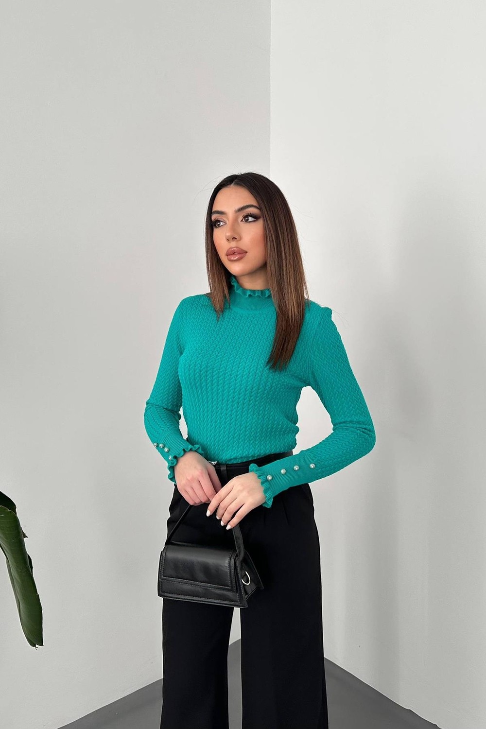 Moda Days Kadın Yeşil Boğazlı Saç Örgü Desenli Fırfırlı Manşetli Uzun Kollu Triko Kazak görsel 7