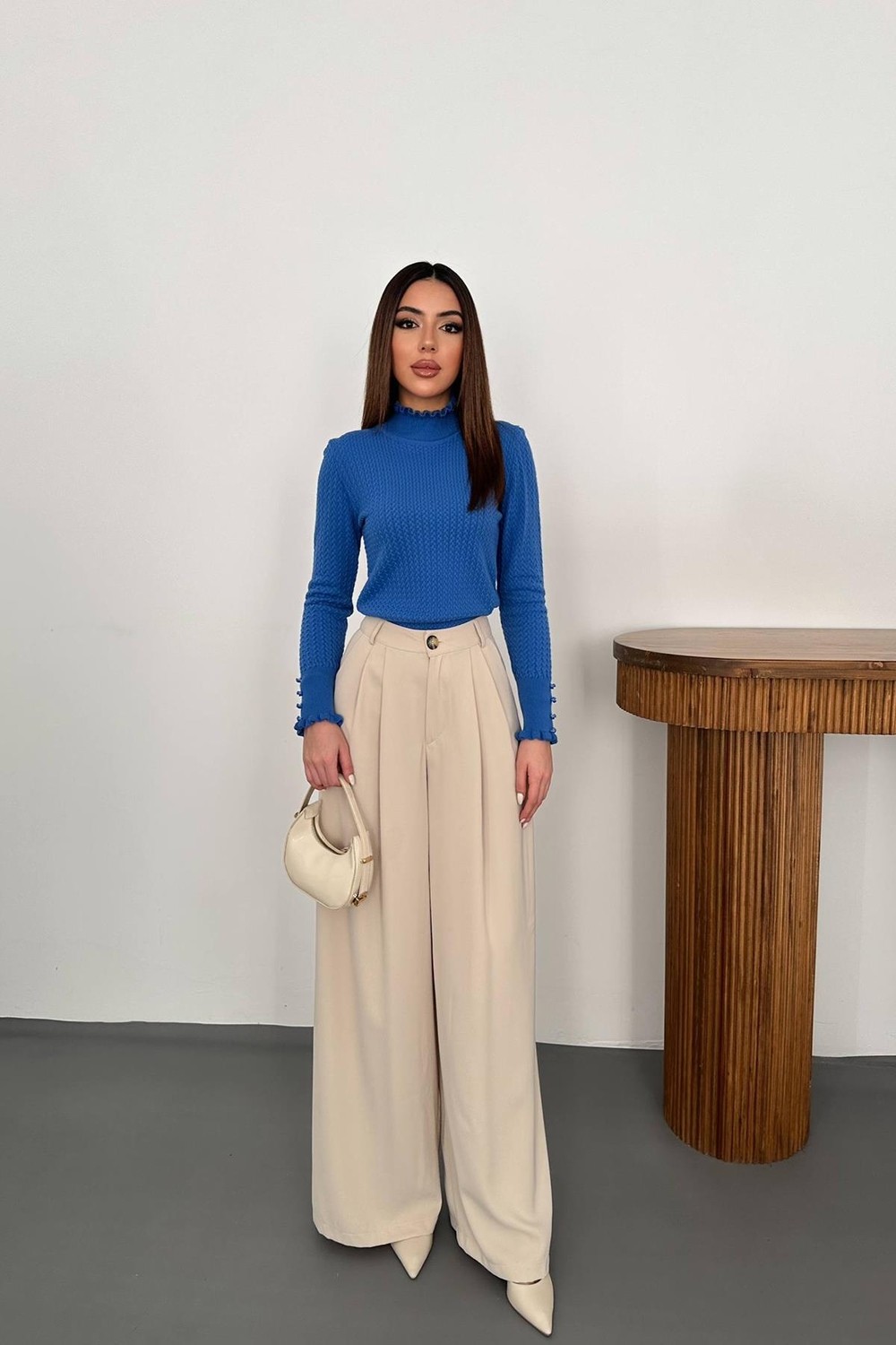 Moda Days Kadın Yeşil Boğazlı Saç Örgü Desenli Fırfırlı Manşetli Uzun Kollu Triko Kazak