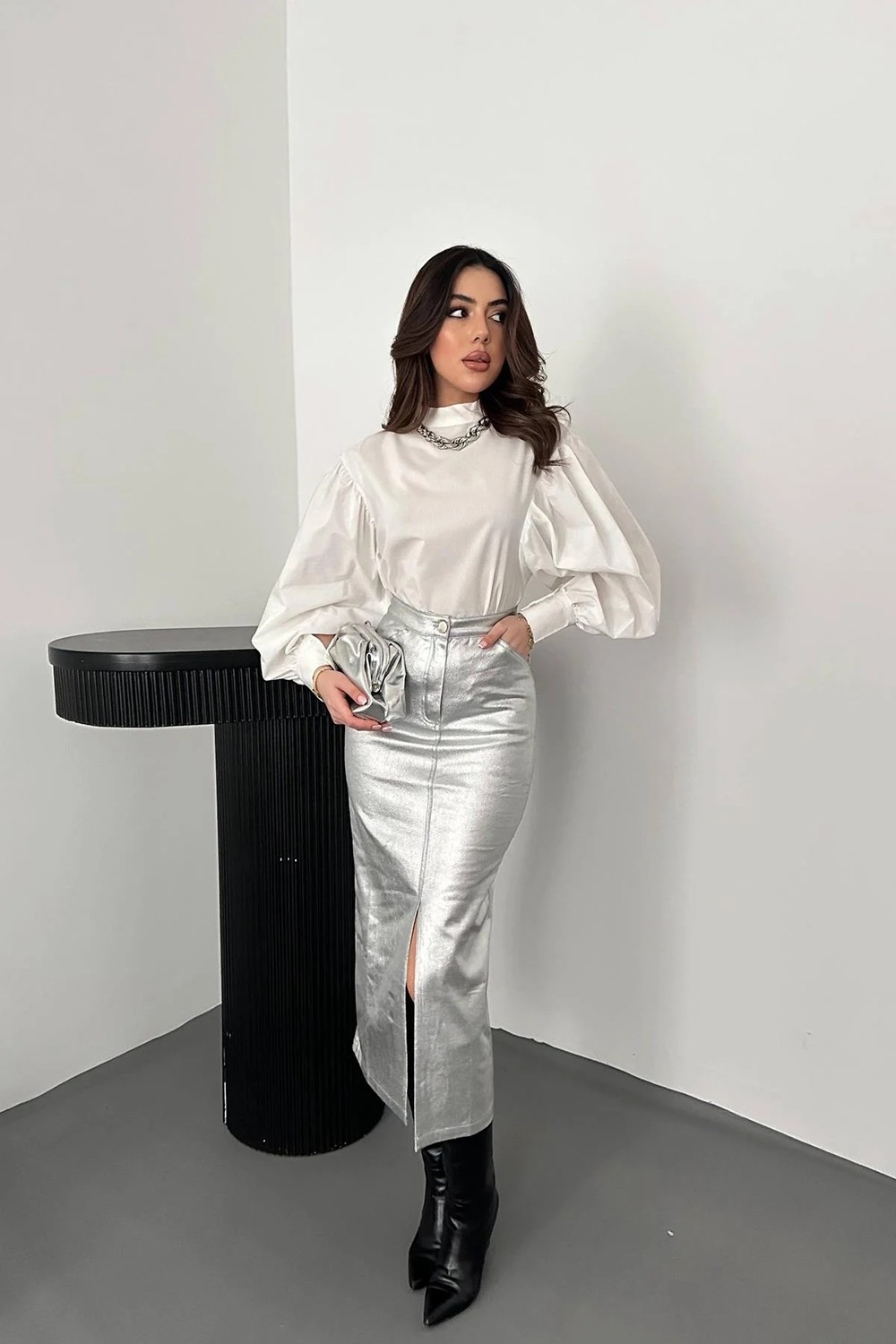 Moda Days Kadın Altın Varaklı Gabardin Yüksek Bel Yırtmaçlı Midi Kalem Etek