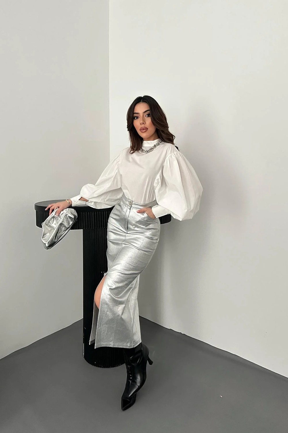 Moda Days Kadın Altın Varaklı Gabardin Yüksek Bel Yırtmaçlı Midi Kalem Etek görsel 2