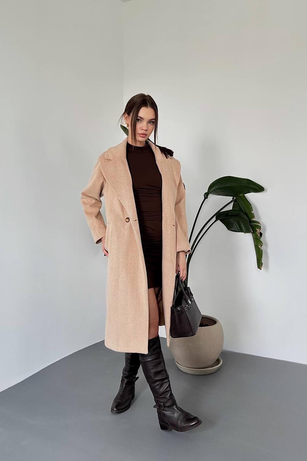 Moda Days Kadın Camel Uzun Kaban Ceket Yaka Düğmeli Cepli Düz Dokuma Kışlık